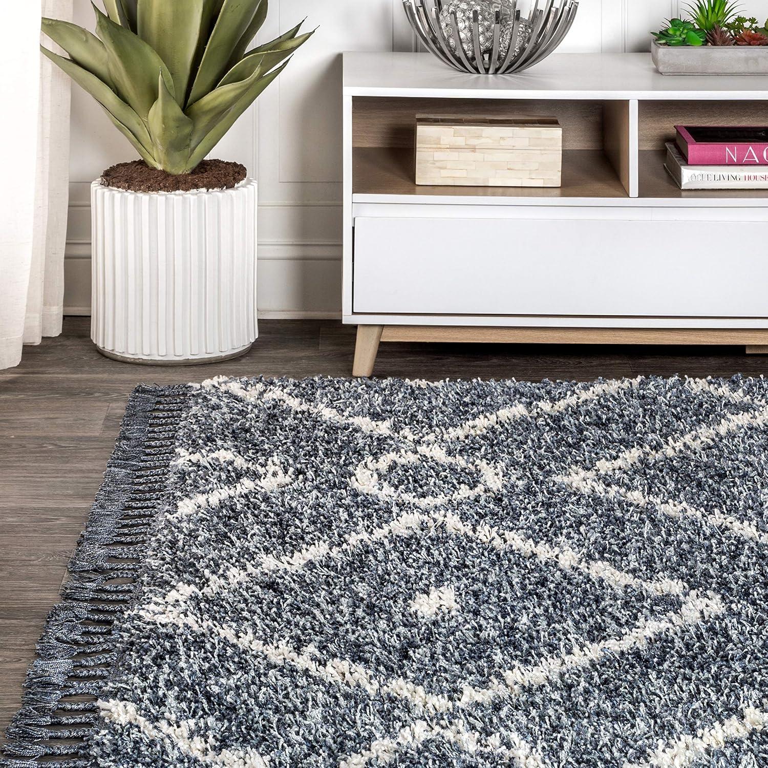 Denim Blue & Cream Moroccan Diamond Shag Area Rug 4' x 6'