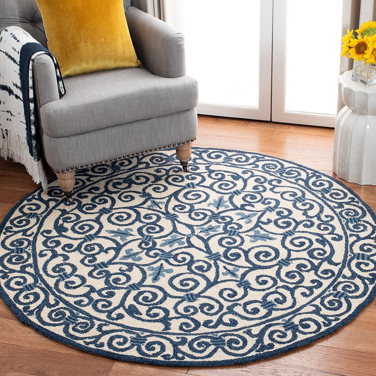 SAFAVIEH Chelsea Aragon Geometric Borders Wool Area Rug, Ivory/Dark Blue, 3' x 3' Round