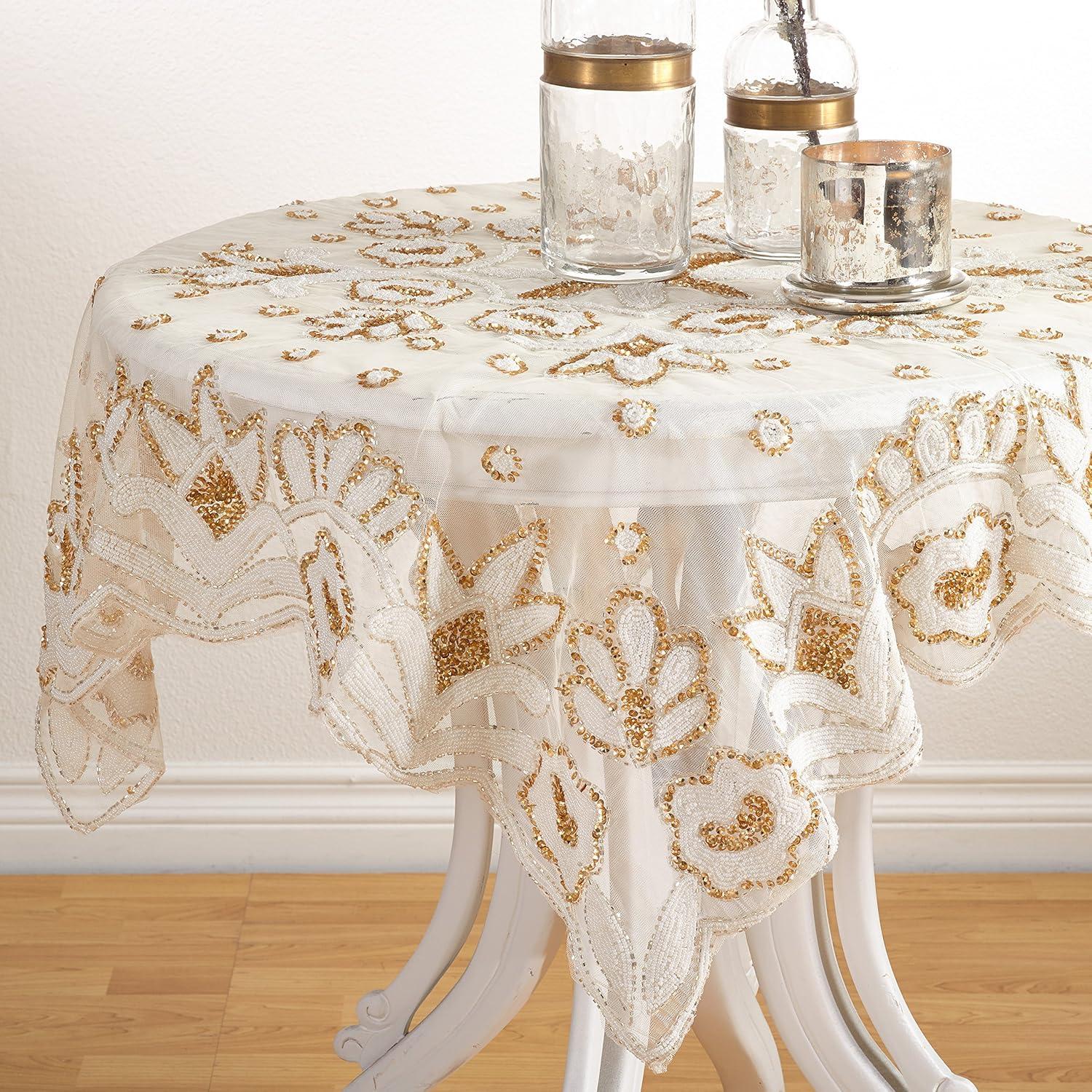 Gold Hand Beaded Floral Design Table Topper