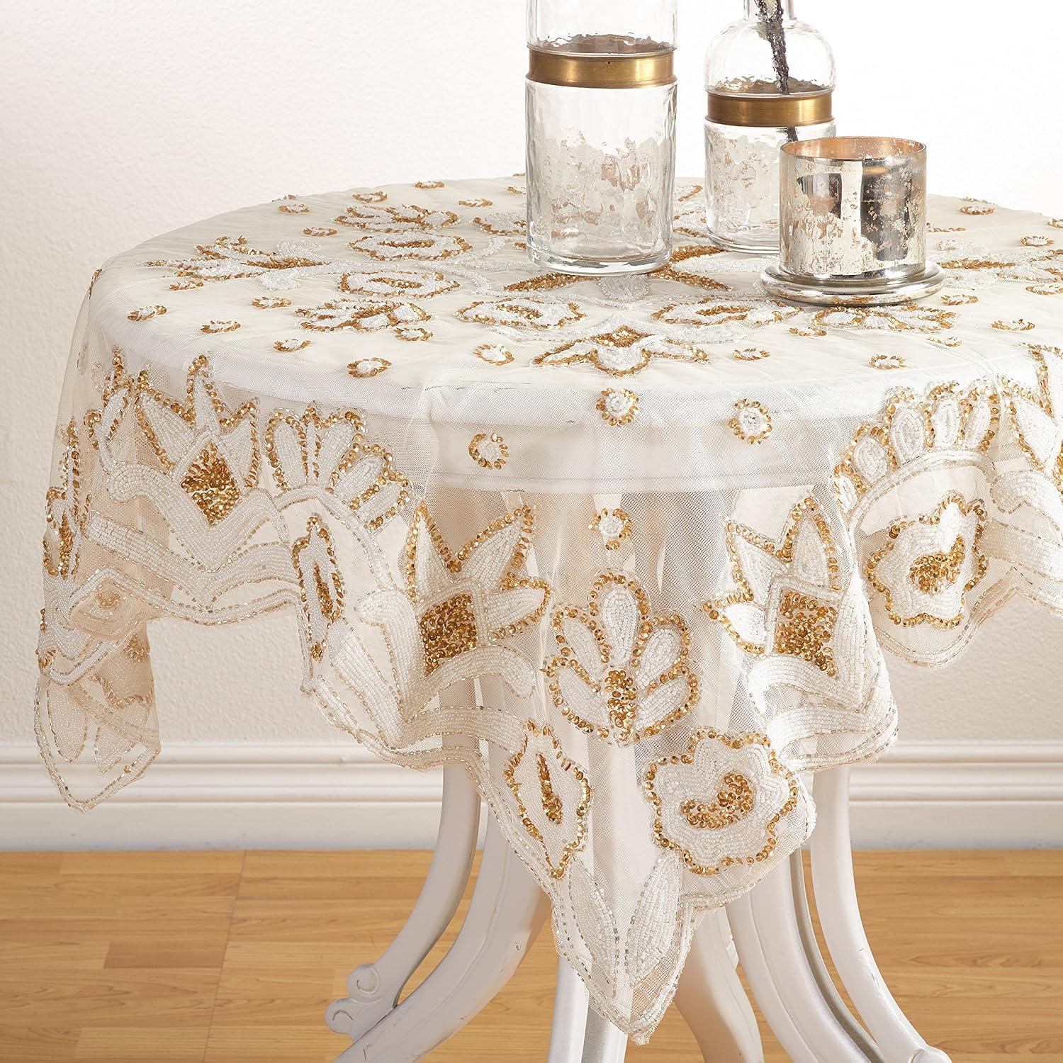 Saro Lifestyle Lakshmi Collection Hand Beaded Design Topper, Gold, 40" x 40"