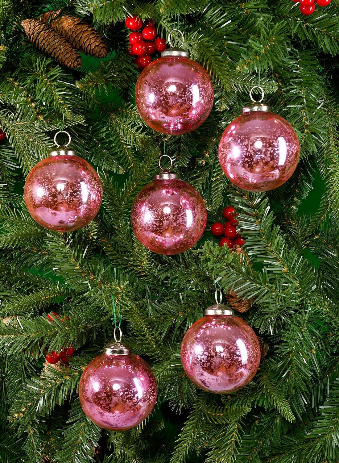 Serene Spaces Living Decorative Antique Rose Pink Mercury Glass Ball Ornament for Holiday Décor, Set of 6