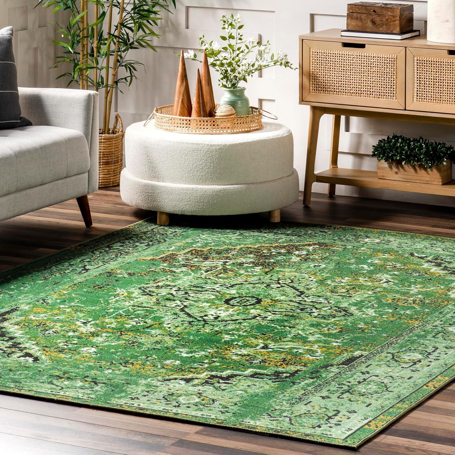 FanciHome 3'x5' Vintage Area Rug for Dining Room Living Room Traditional Distressed Rug Carpet, Green