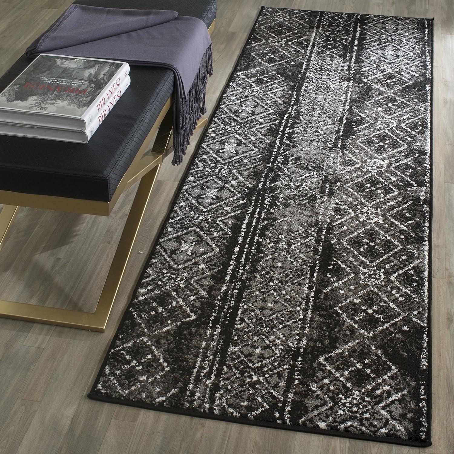 Black and Silver Geometric Synthetic Runner Rug