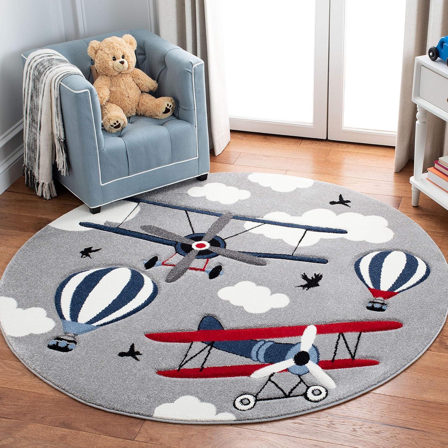 Carousel Kids  CRK137 Loomed Indoor Area Rug - Light Grey/Red - 5'3"x5'3" Round - Safavieh