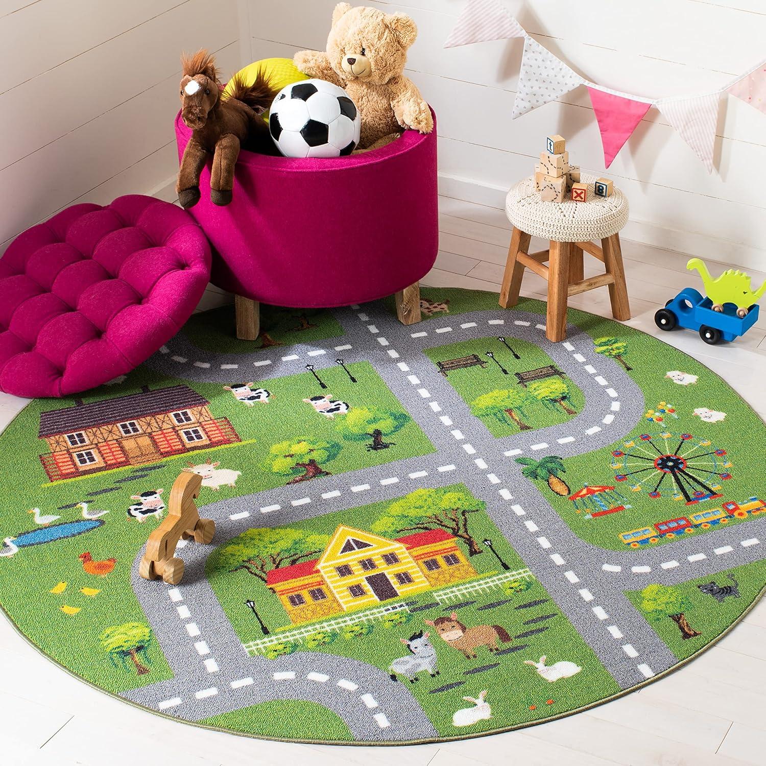 Round Dark Green and Light Grey Kids Playhouse Rug