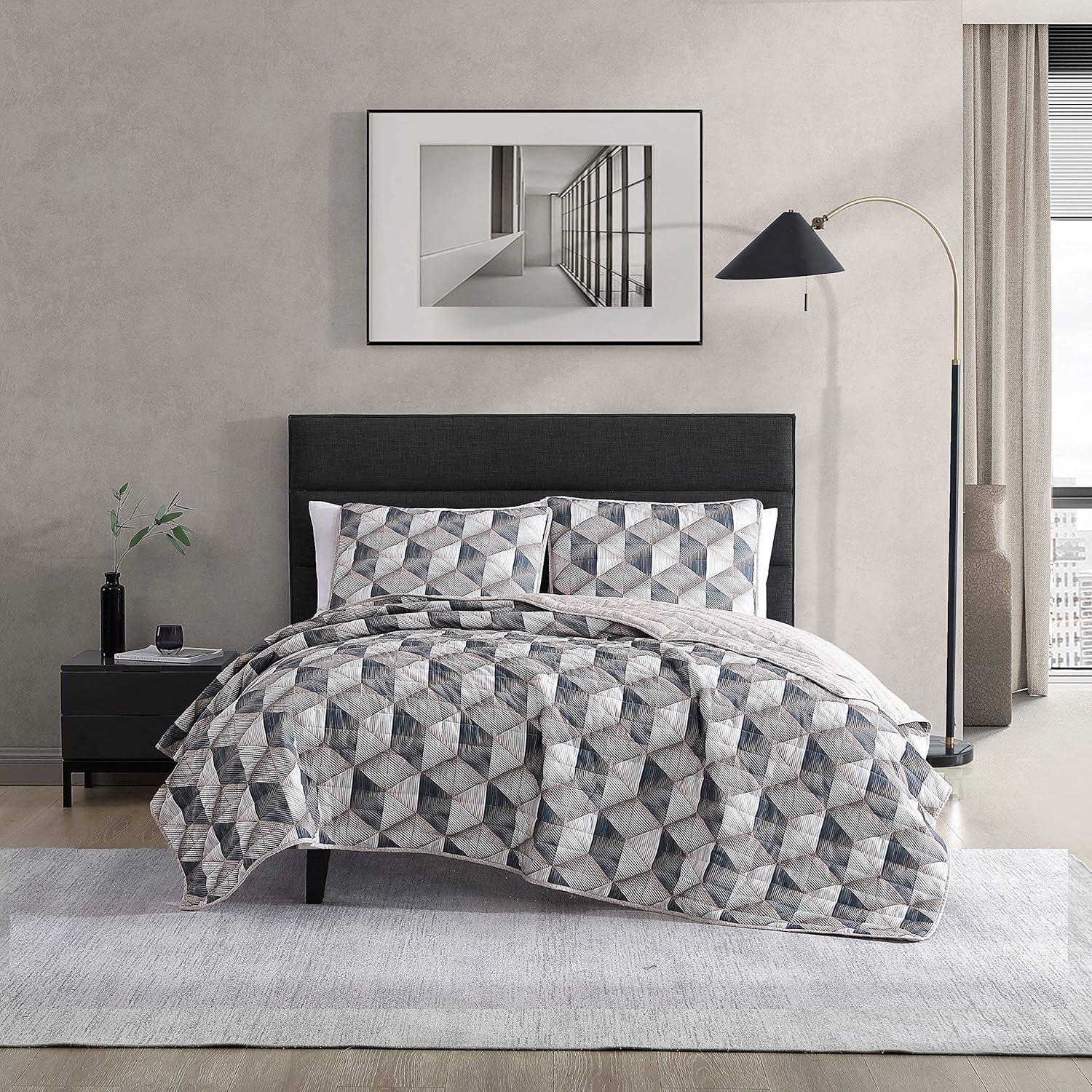 Geometric Gray and Brown Microfiber King Quilt Set