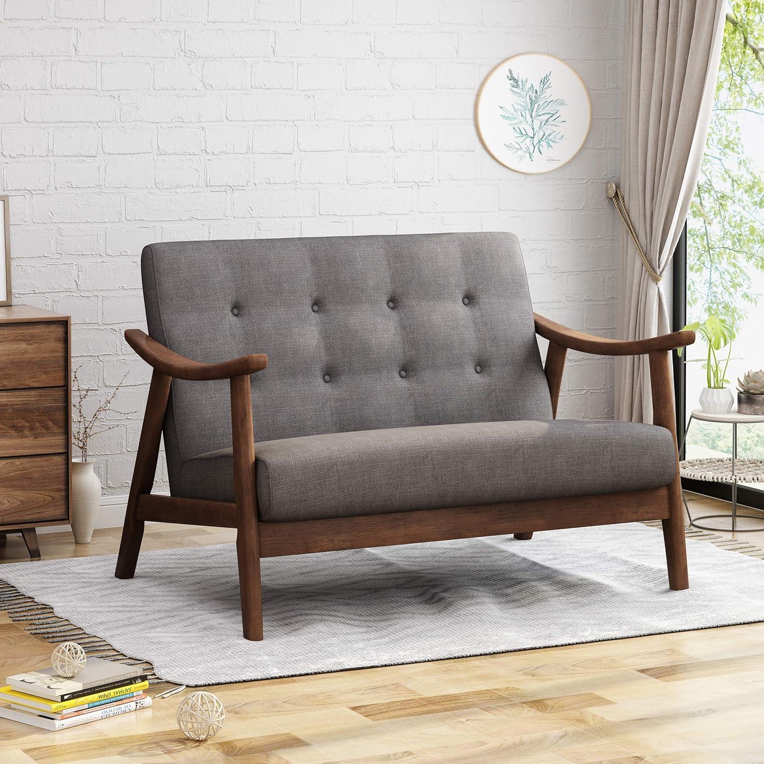 Hetel Mid-Century Modern Settee Dark Gray - Christopher Knight Home: Rubberwood Frame, Polyester Upholstery, Button Tufted