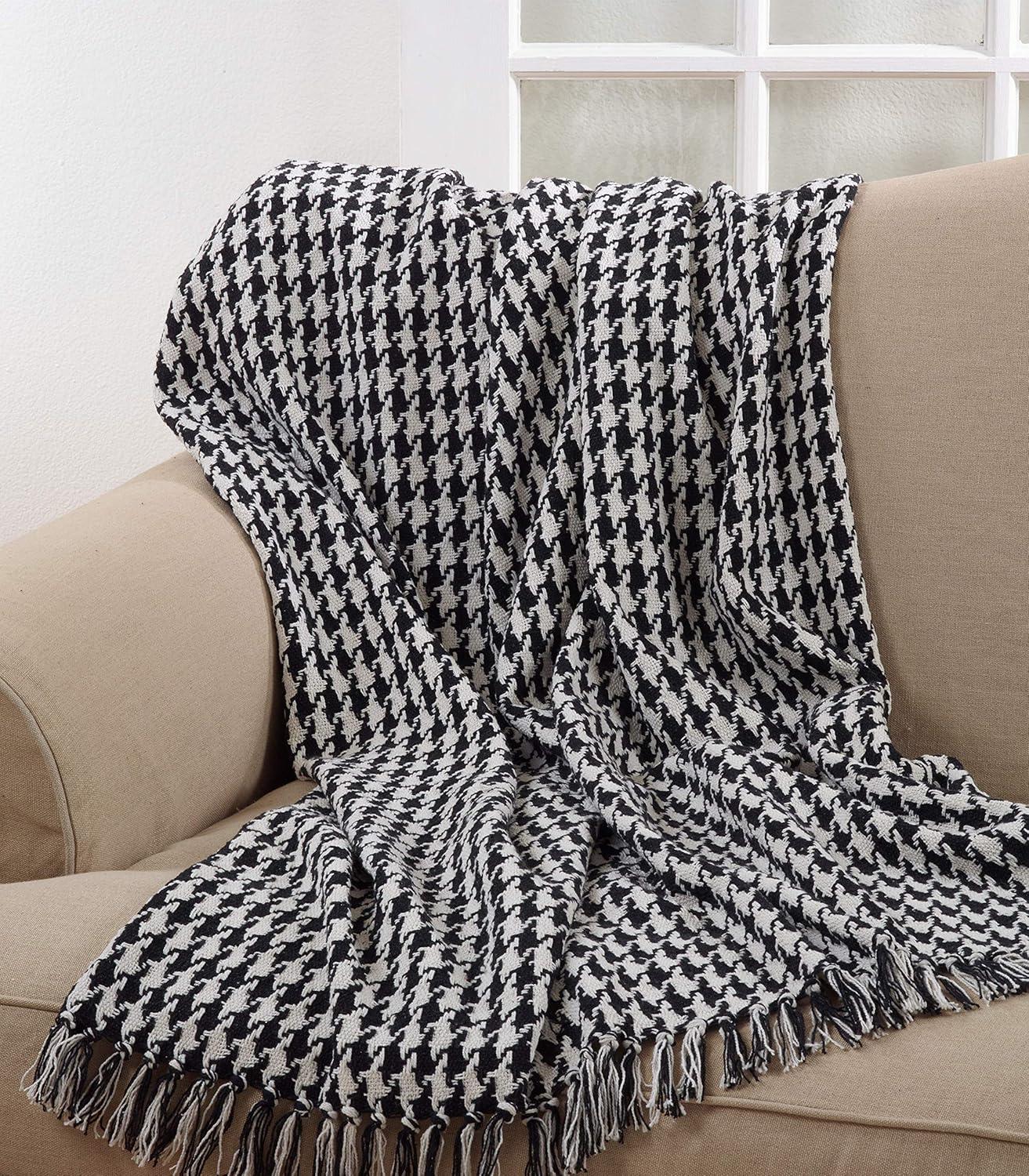 50"x60" Black and White Houndstooth Cotton Throw Blanket with Fringe