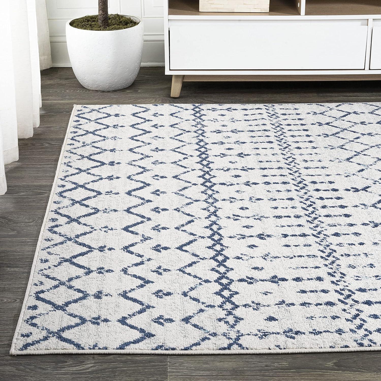 Ivory Navy Moroccan Trellis 5' x 8' Washable Synthetic Rug