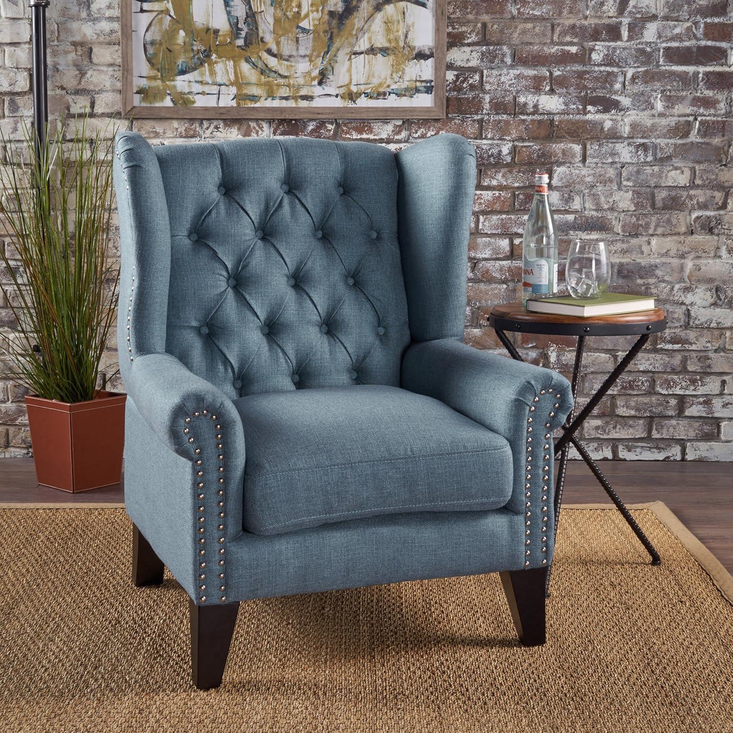 Lainie Blue Tufted Wingback Wood Accent Chair