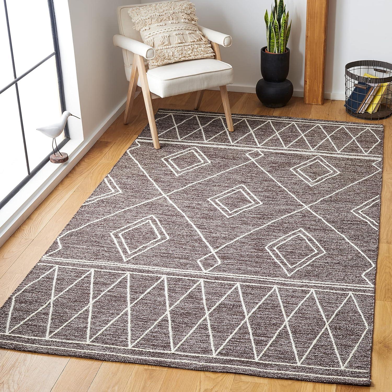 Ivory and Brown Handwoven Wool Cotton Area Rug