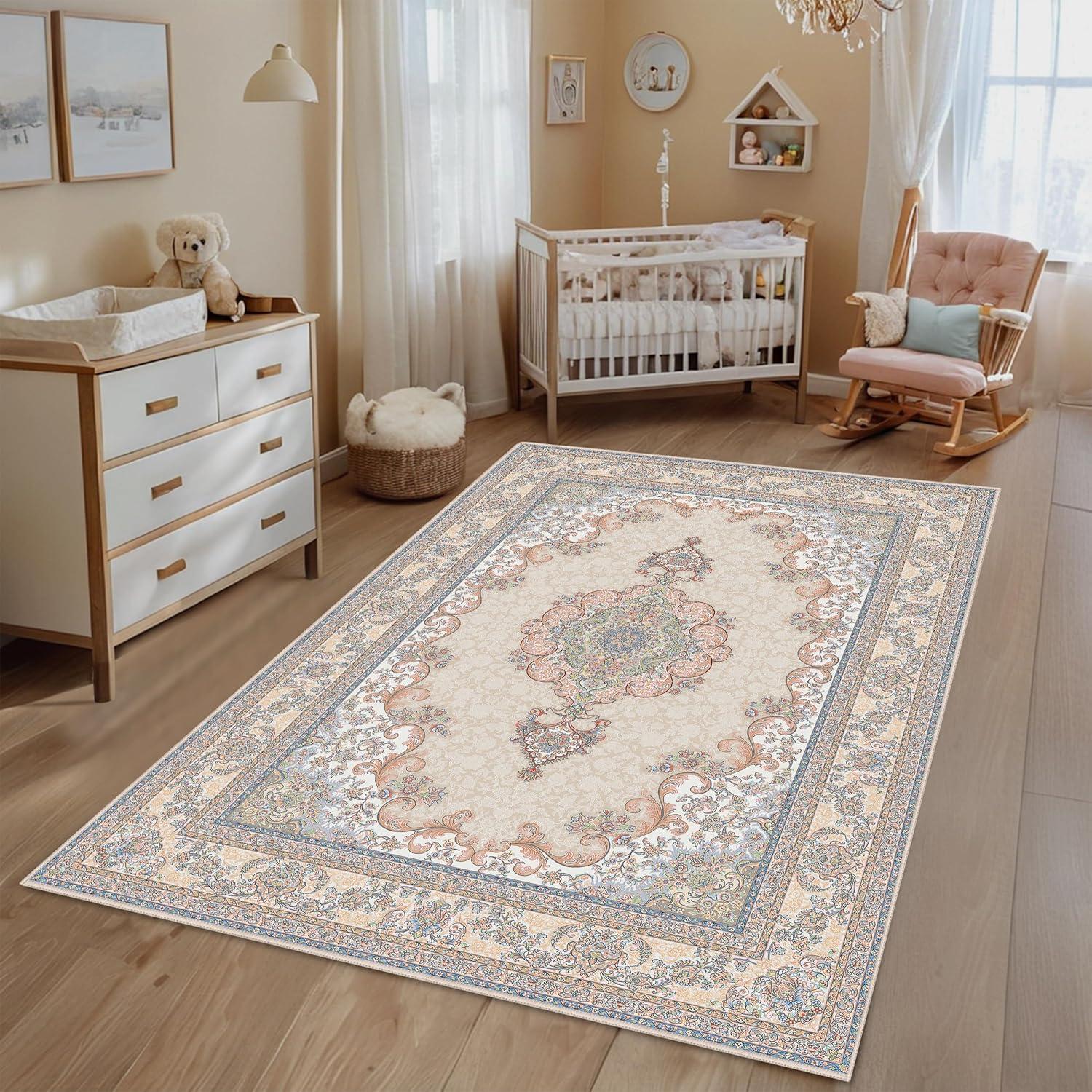 Oriental Beige/Brown Machine Washable Area Rug