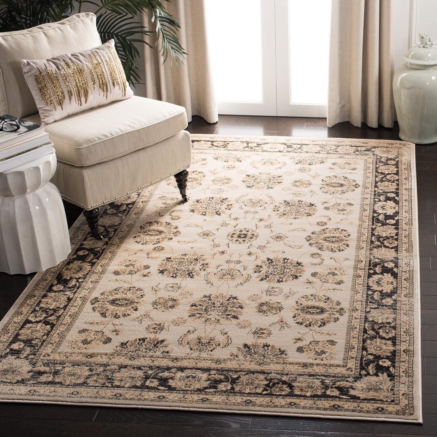 Elegant Light Blue and Black Vintage Viscose Area Rug, 8' x 11'