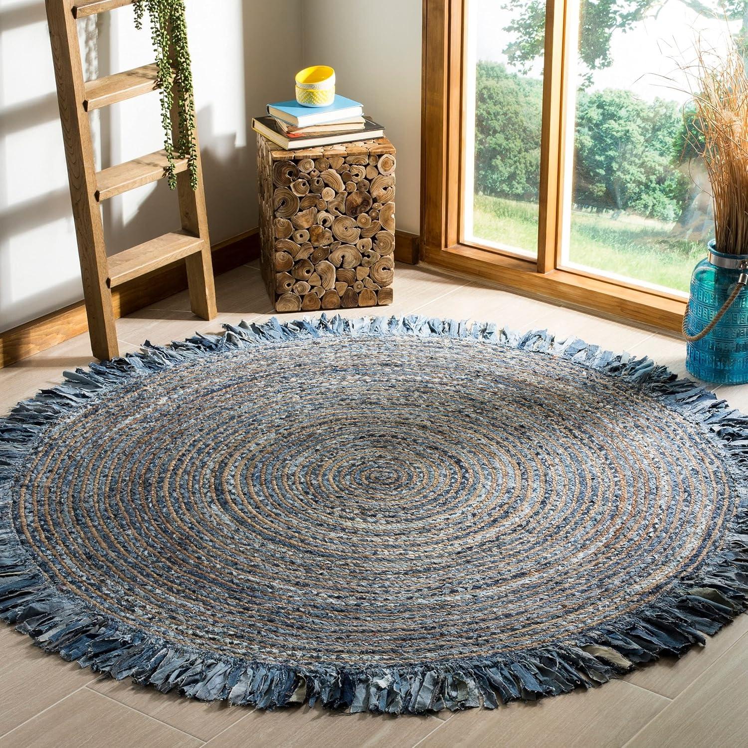 Ivory and Denim 7' Round Handwoven Boho Jute & Cotton Rug