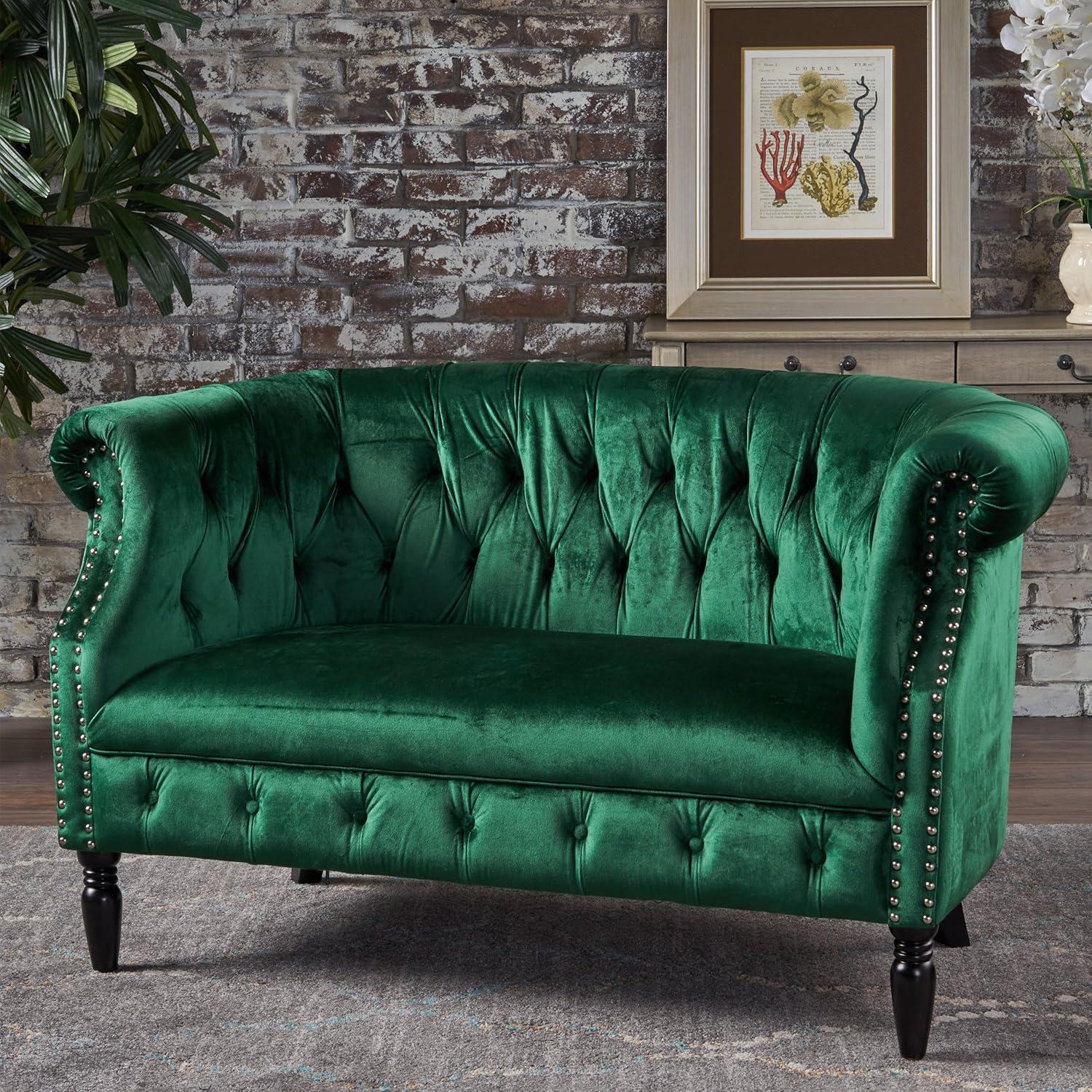 Emerald Velvet Chesterfield Loveseat with Nailhead Accents