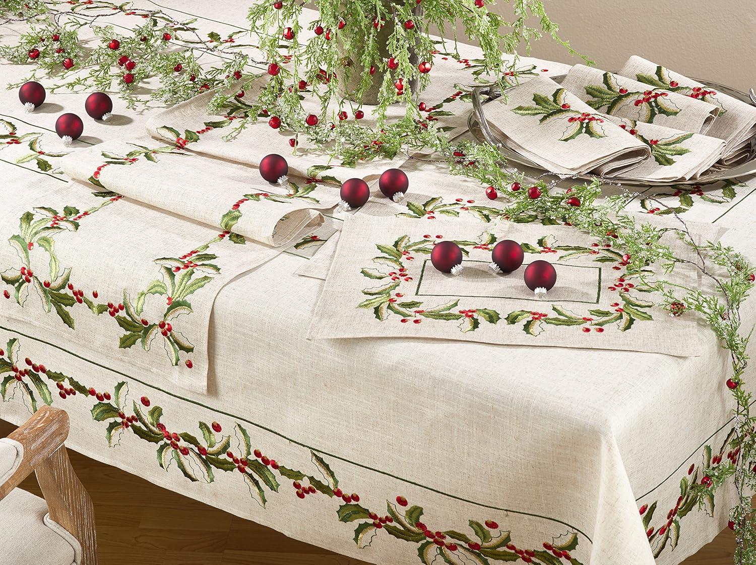 Natural Embroidered Holly Design Table Runner 16" x 54"