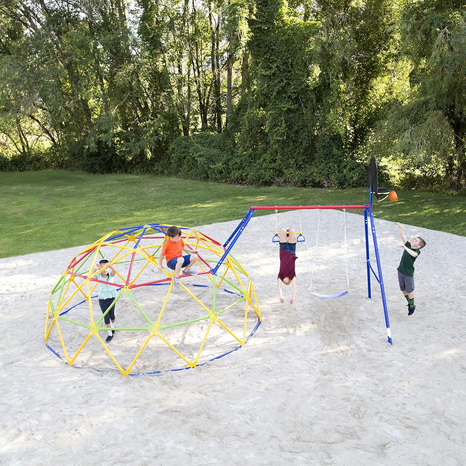 Skywalker Sports Geo Dome Climber Swing Set, Jungle Gym for Kids Outdoor Backyard with Basketball Hoop, Swing Bar