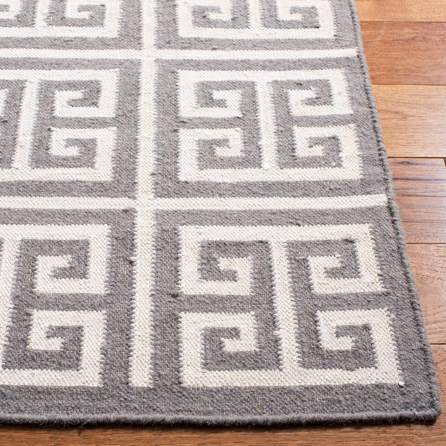 Grey and Ivory Geometric 7' Square Wool Area Rug