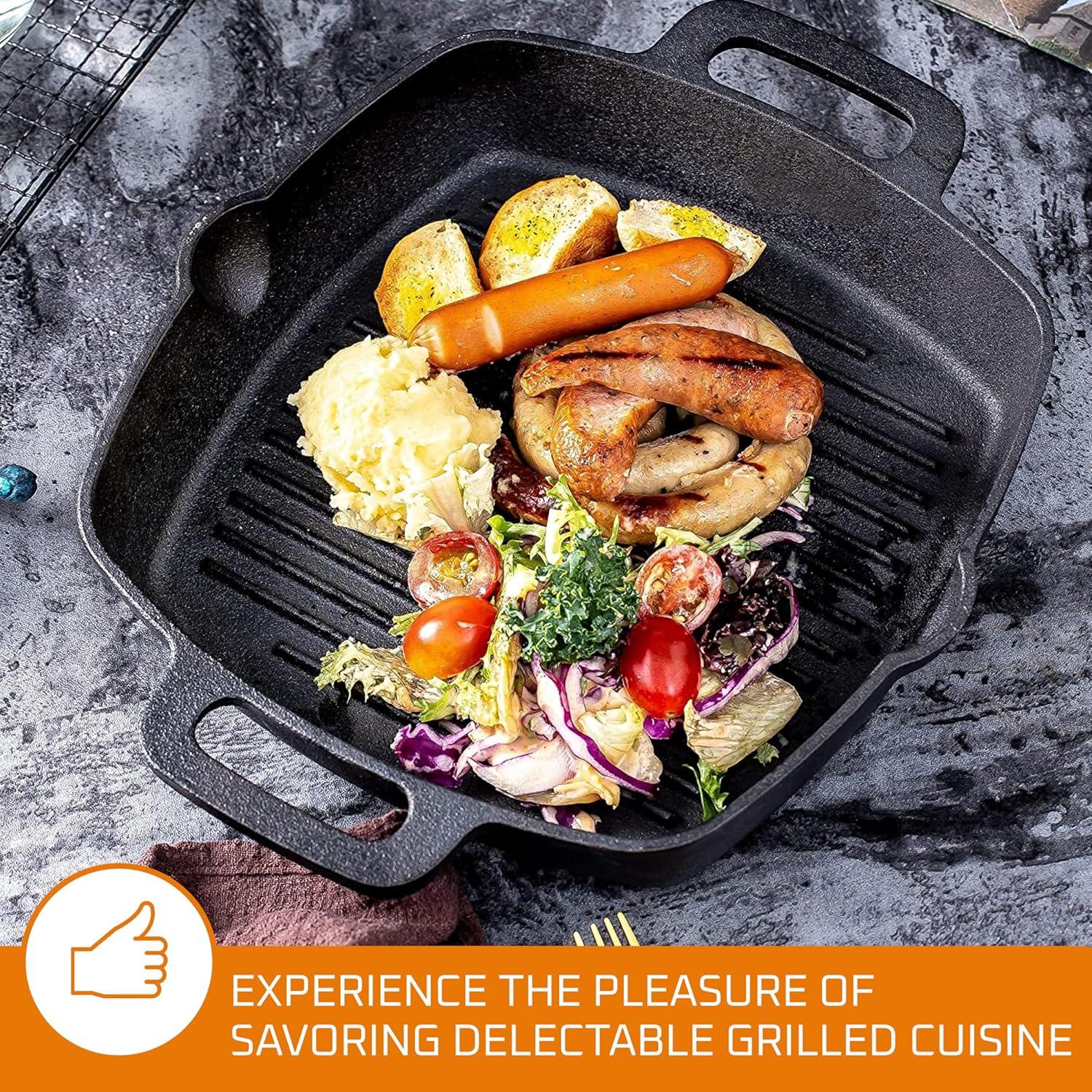 Bruntmor 10 Inch Square Cast Iron Grill Pan Steak Pan Pre Seasoned Grill Pan with Easy Grease Drain Spout, with Large Loop Handles for Grilling Bacon, Steak, and Meats