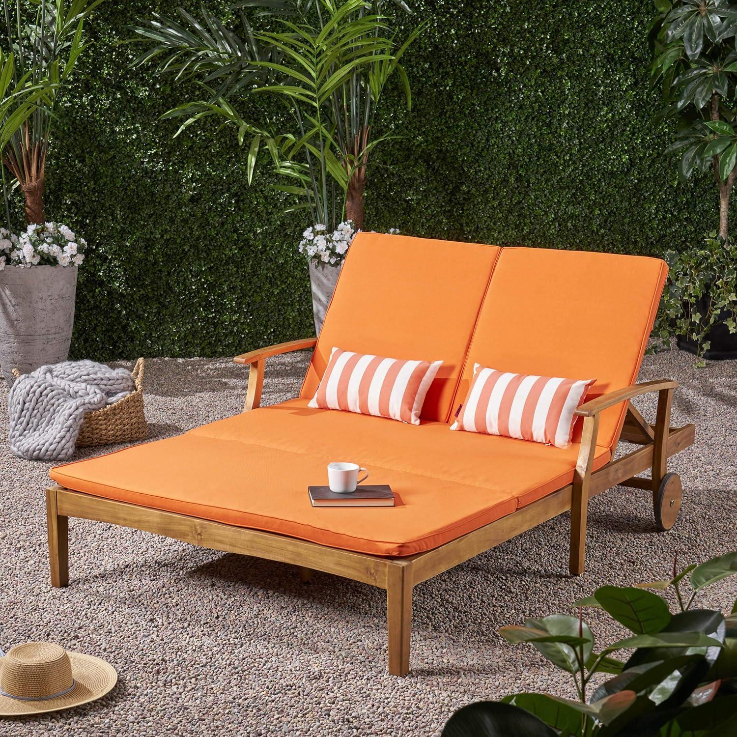 Samantha Double Chaise Lounge for Yard and Patio, Teak Finish with Orange Cushions