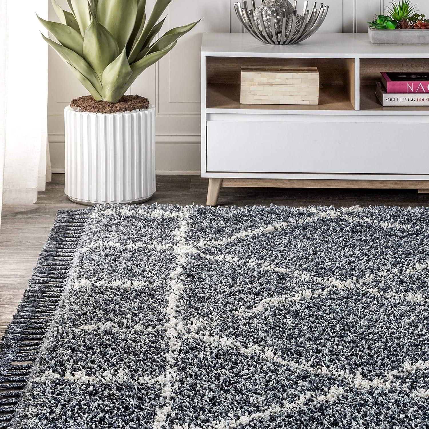 4'x6' Mercer Shag Plush Tassel Moroccan Geometric Trellis Area Rug, Denim/Cream - JONATHAN Y