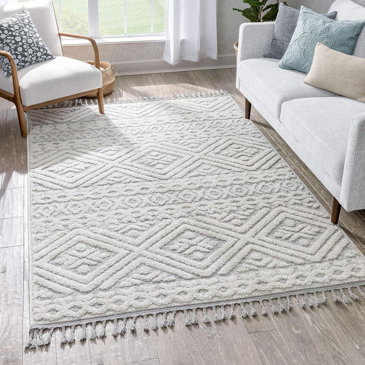 Well Woven Illana Cream Ethnic High-Lo Textured Diamond Area Rug (6'7" x 9'6")