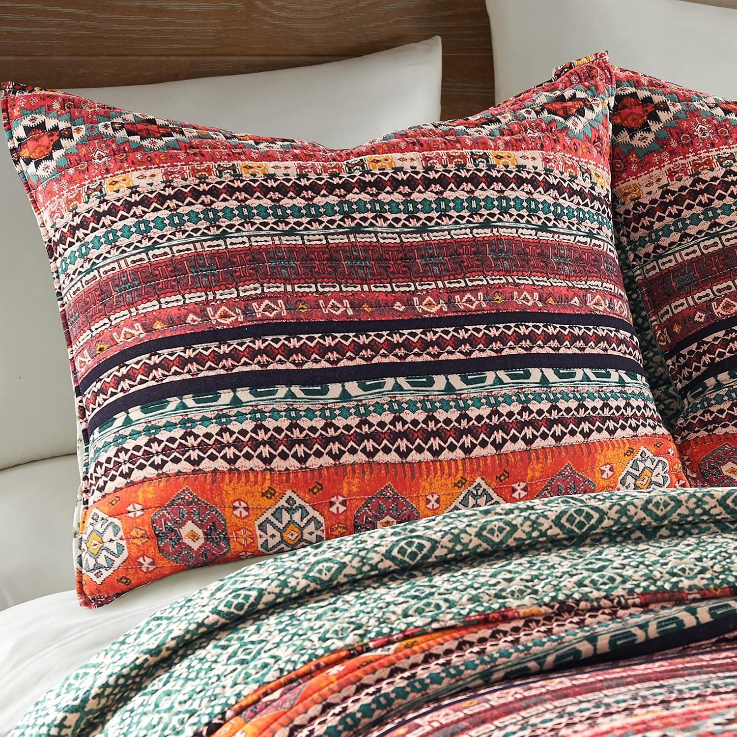 Vista Aztec Stripe Quilt Set - Full/Queen Quilt and Two Standard Pillow Shams Orange, Green, Black - Levtex Home