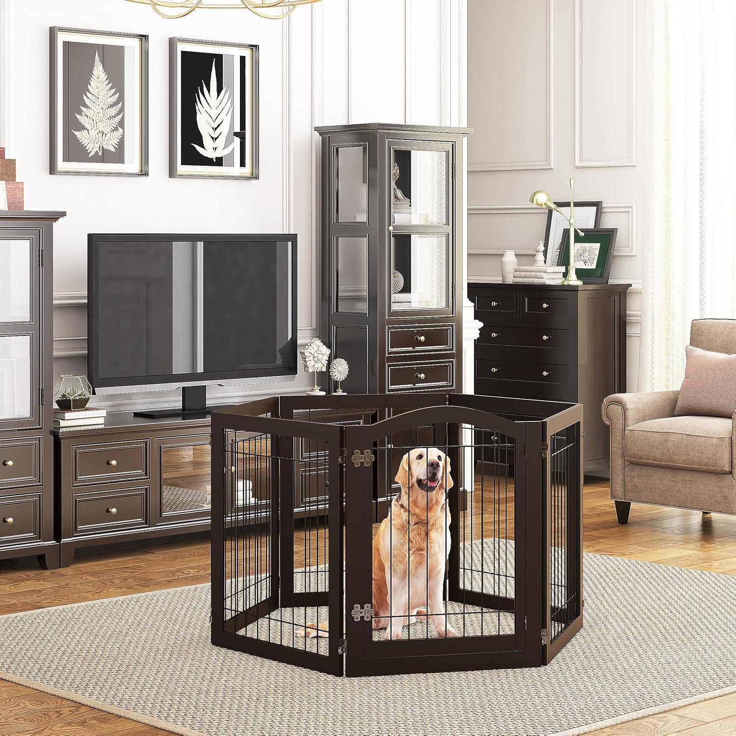 Espresso 144-Inch Freestanding Solid Wood Dog Gate with Door