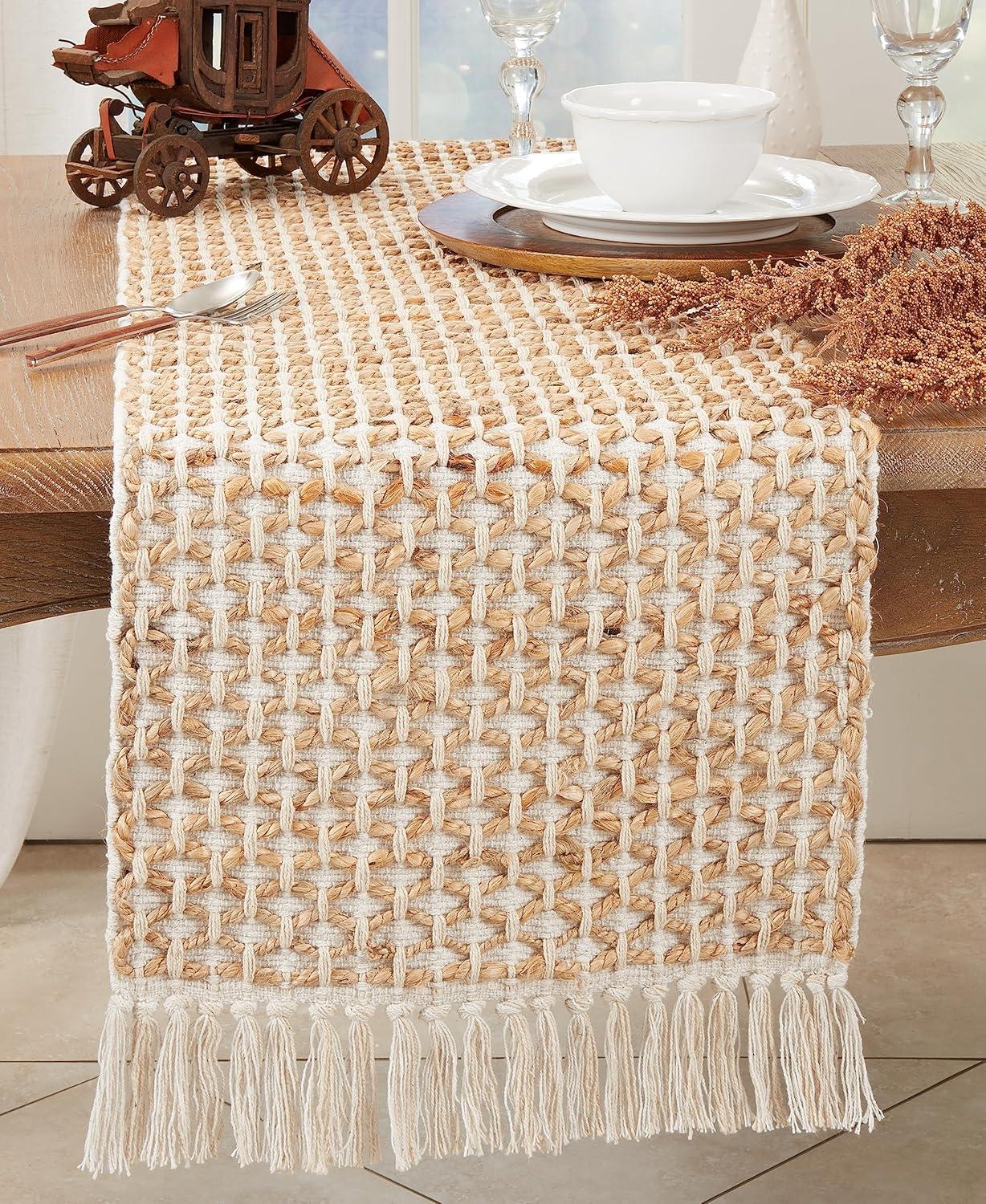 Ivory and Natural Jute Rope Table Runner with Fringe