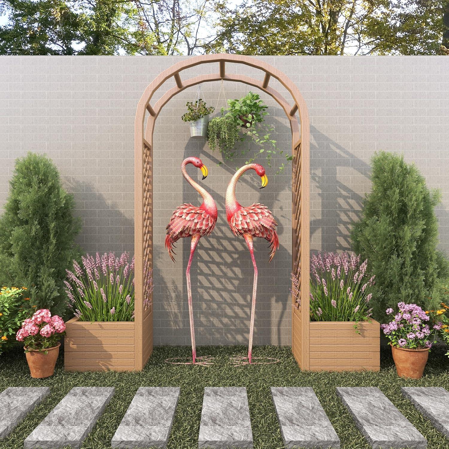 DecMode Coastal Outdoor Metal Standing Pink Flamingo Garden Sculpture, Set of 2 10"W x 38"H