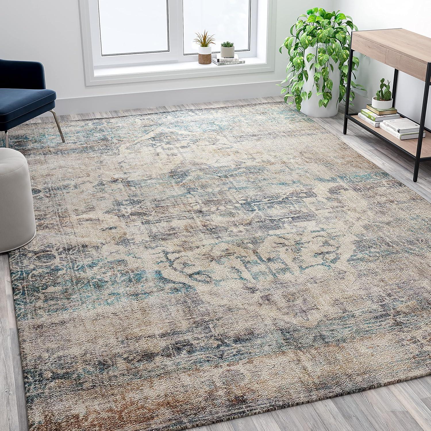 Old English Distressed Blue Synthetic Area Rug - 8' x 10'