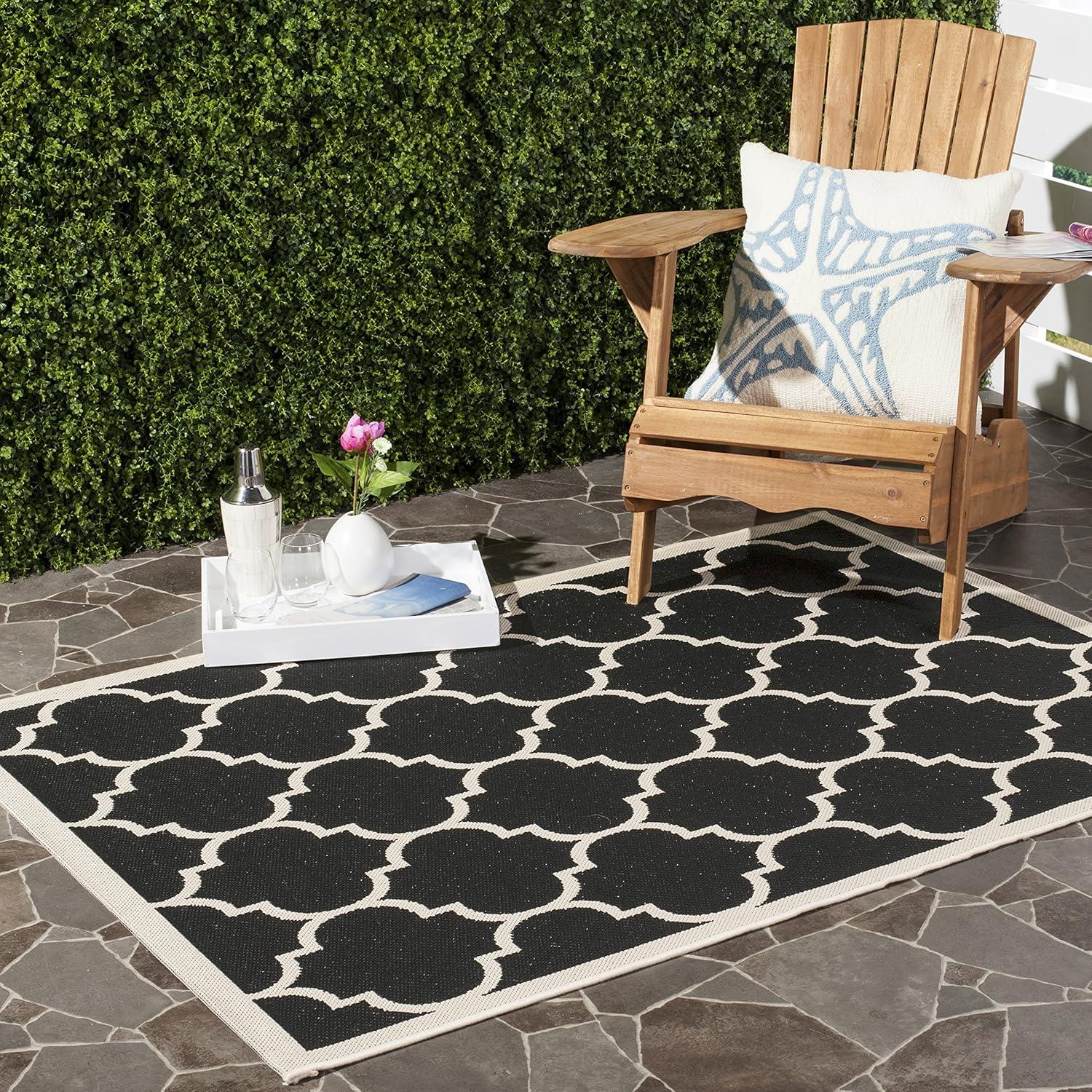 Black and Beige Geometric Indoor/Outdoor Synthetic Area Rug