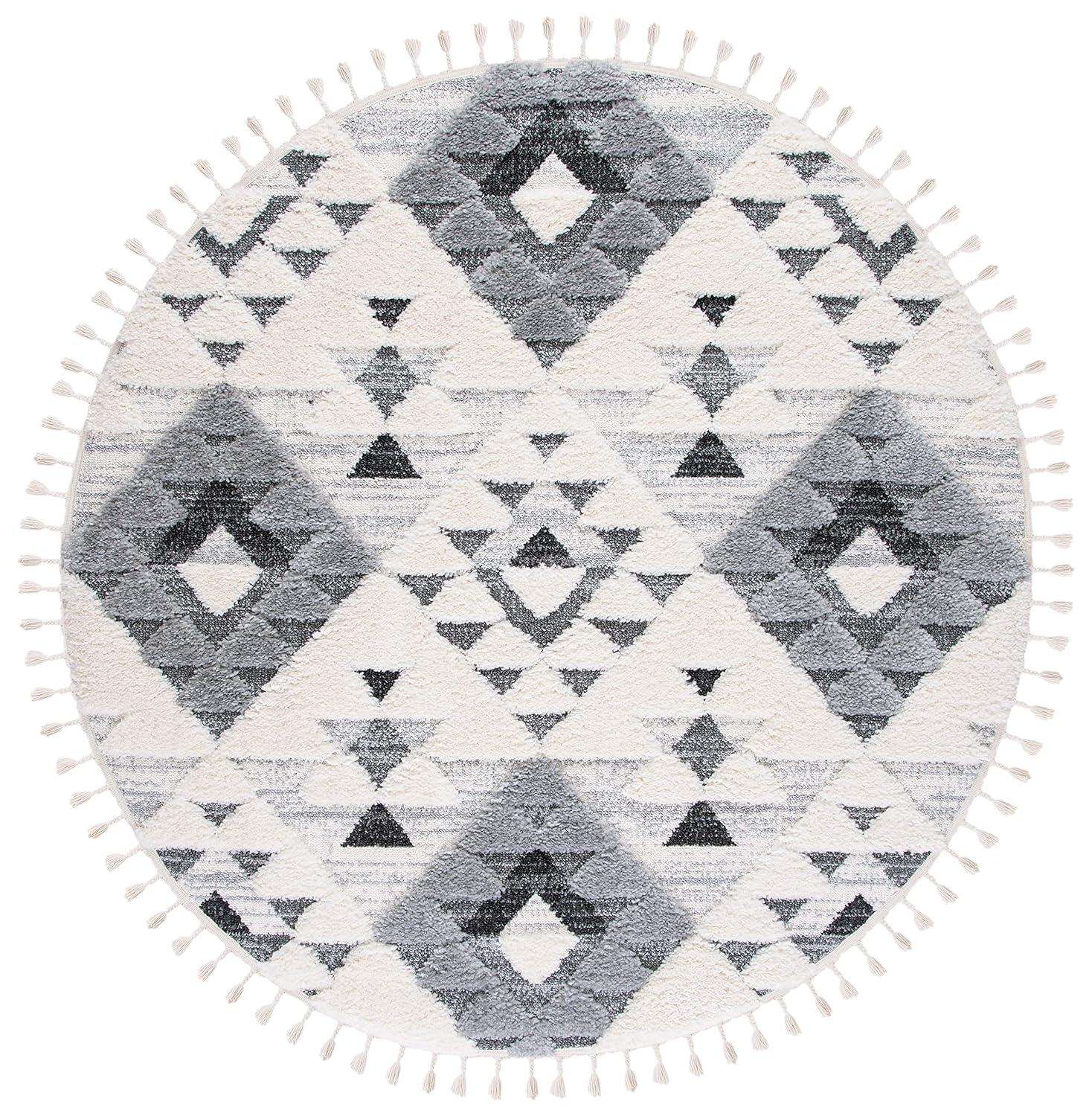 Moroccan Tassel Shag MTS688 Power Loomed Indoor Accent Rug - Ivory/Grey - 3' Round - Safavieh