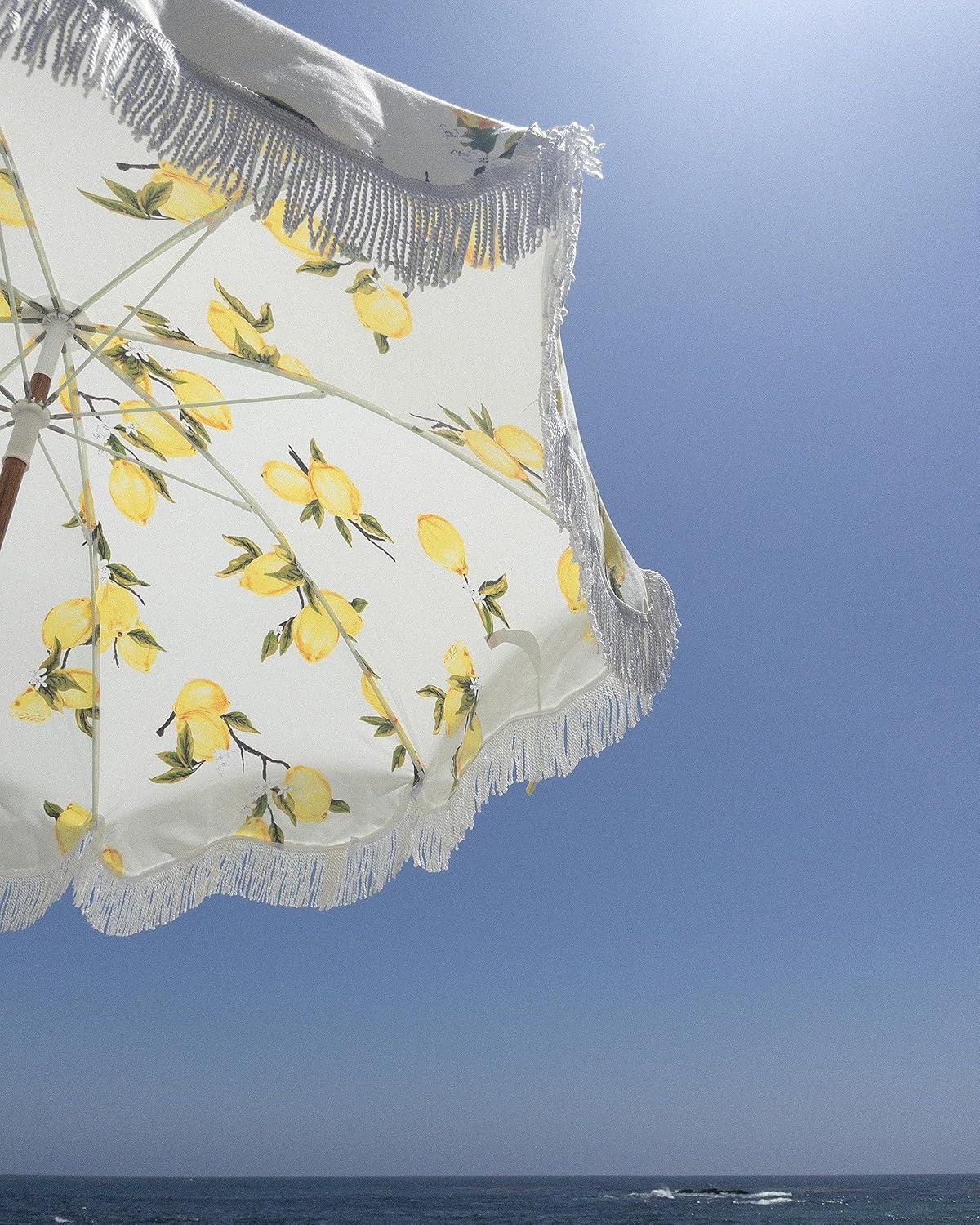 Vintage Lemons Beach Umbrella with White Fringe and Reclaimed Timber Pole