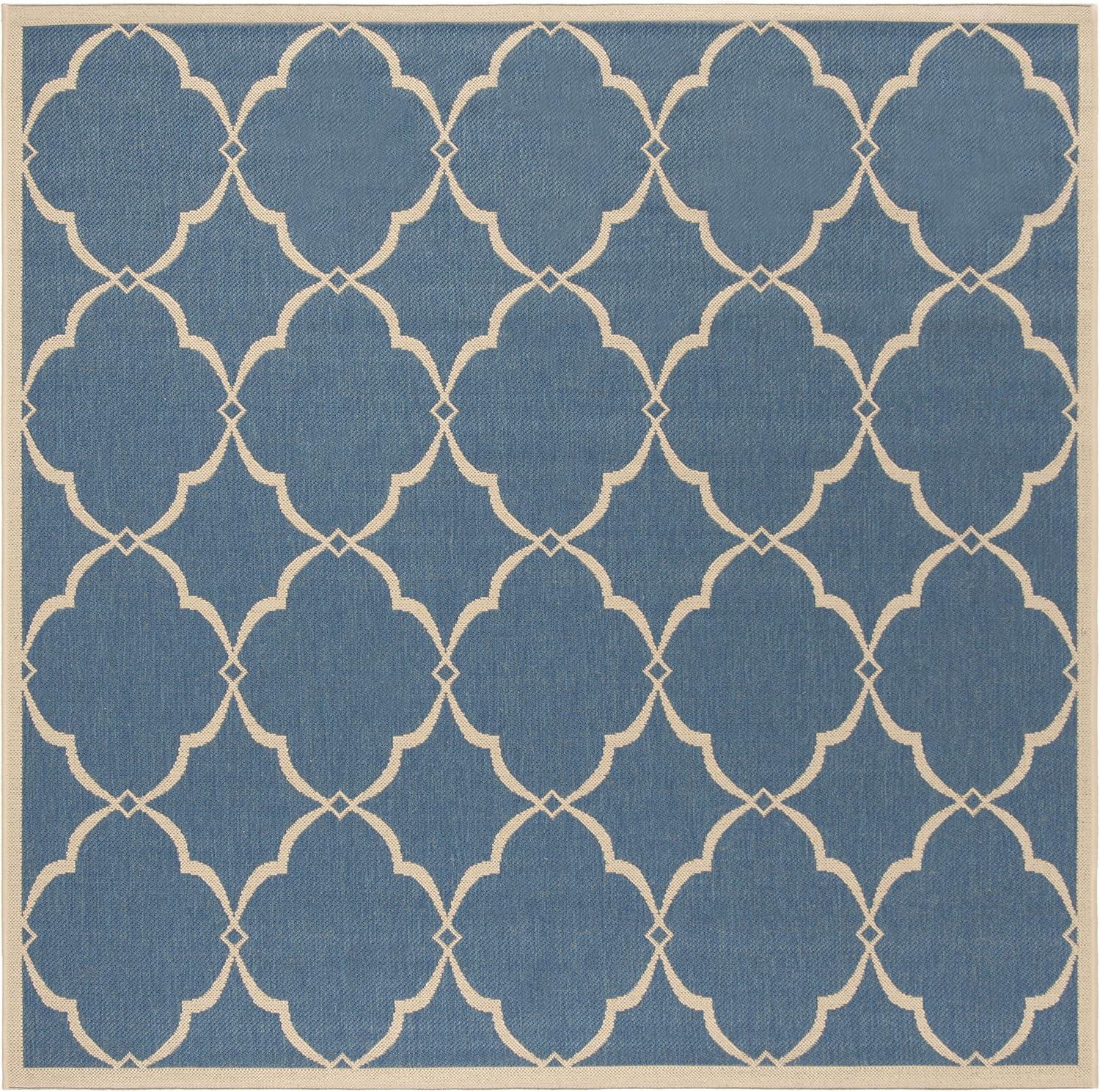 Blue and Cream Geometric Square Indoor/Outdoor Rug