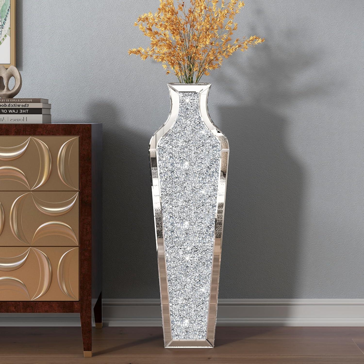 Tall Silver Mirrored Glass Floor Vase with Crushed Diamond