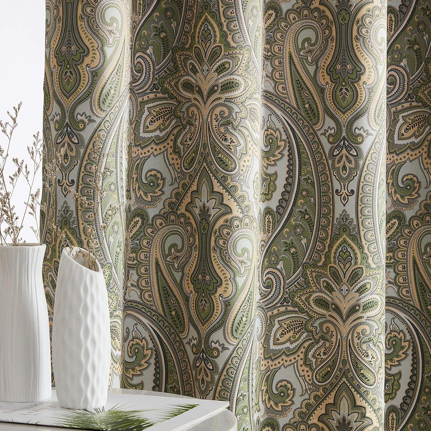 Sage Green Paisley Damask Thermal Insulated Curtain Panels