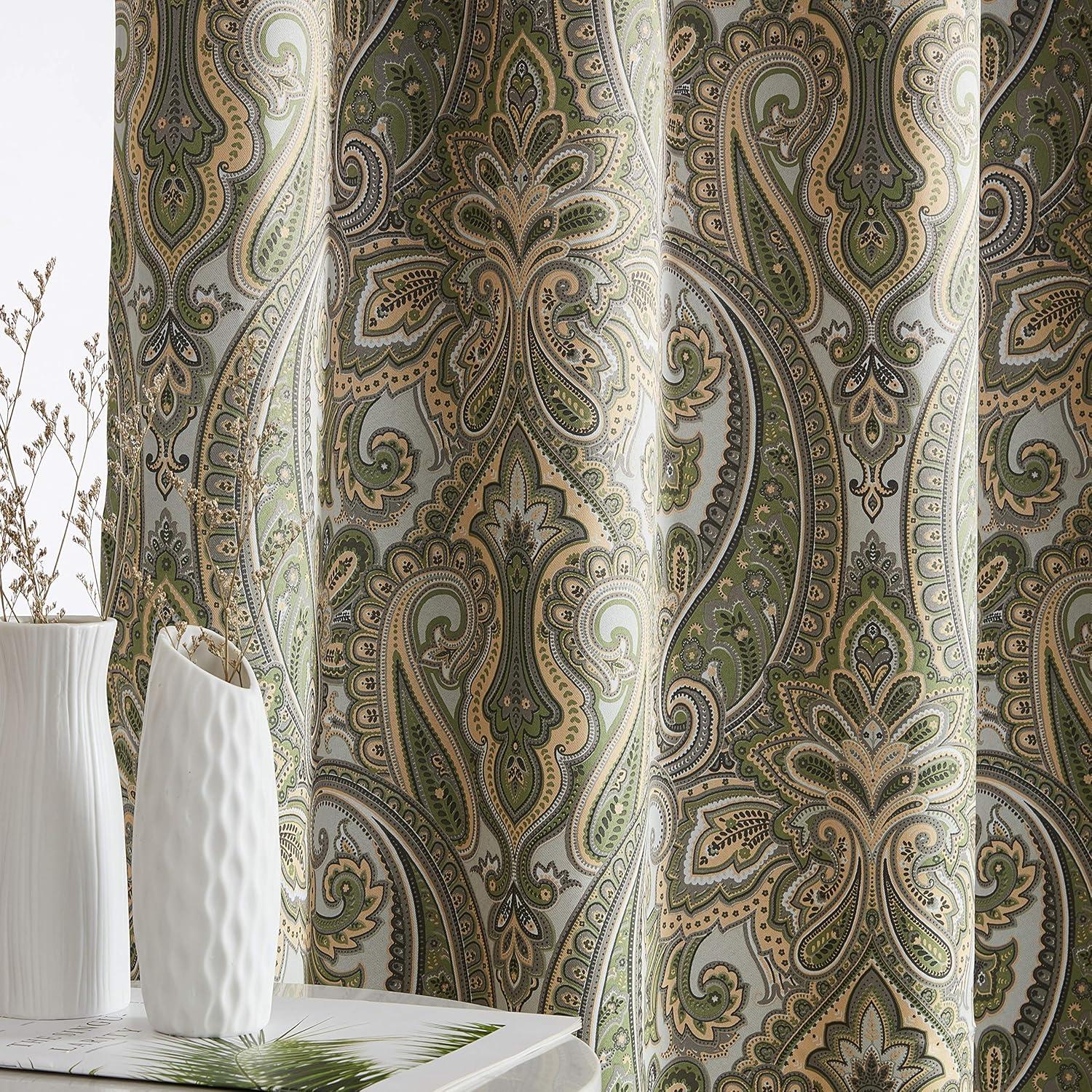 HLC.ME Paris Paisley Decorative Print Damask Pattern Thermal Insulated Semi-Blackout Energy Savings Room Darkening Grommet Window Curtain Panels for Bedroom - Set of 2 (50 x 72 Long, Sage Green)