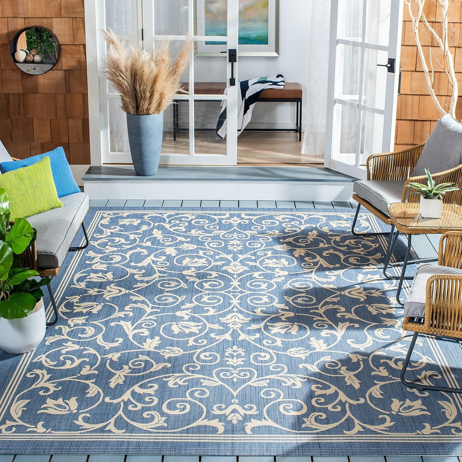 Courtyard CY2098 Power Loomed Indoor and Outdoor Area Rug - Blue/Natural - 6'7"x6'7" - Safavieh