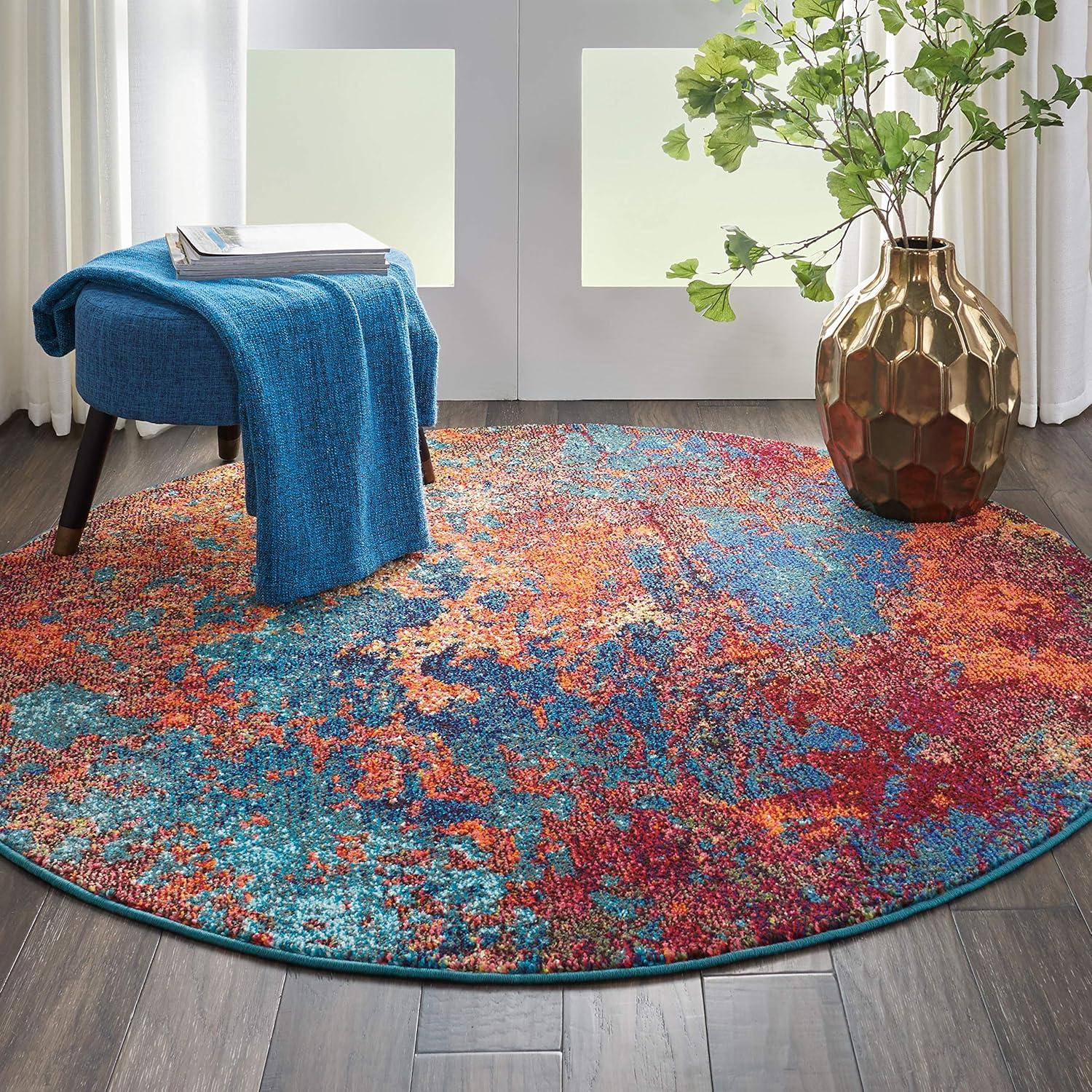 Round Blue Abstract Synthetic Easy Care Rug, 5'3"