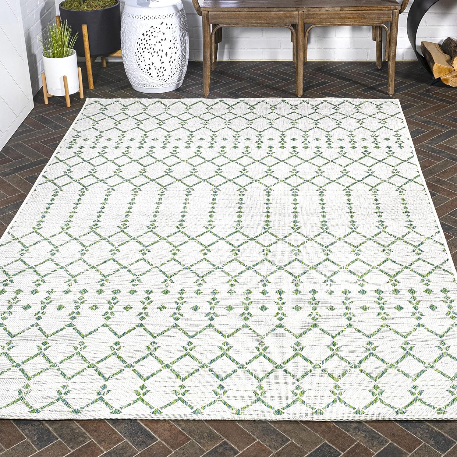 3' x 5' Ourika Moroccan Geometric Textured Weave Indoor/Outdoor Area Rug, Green/Ivory - JONATHAN Y