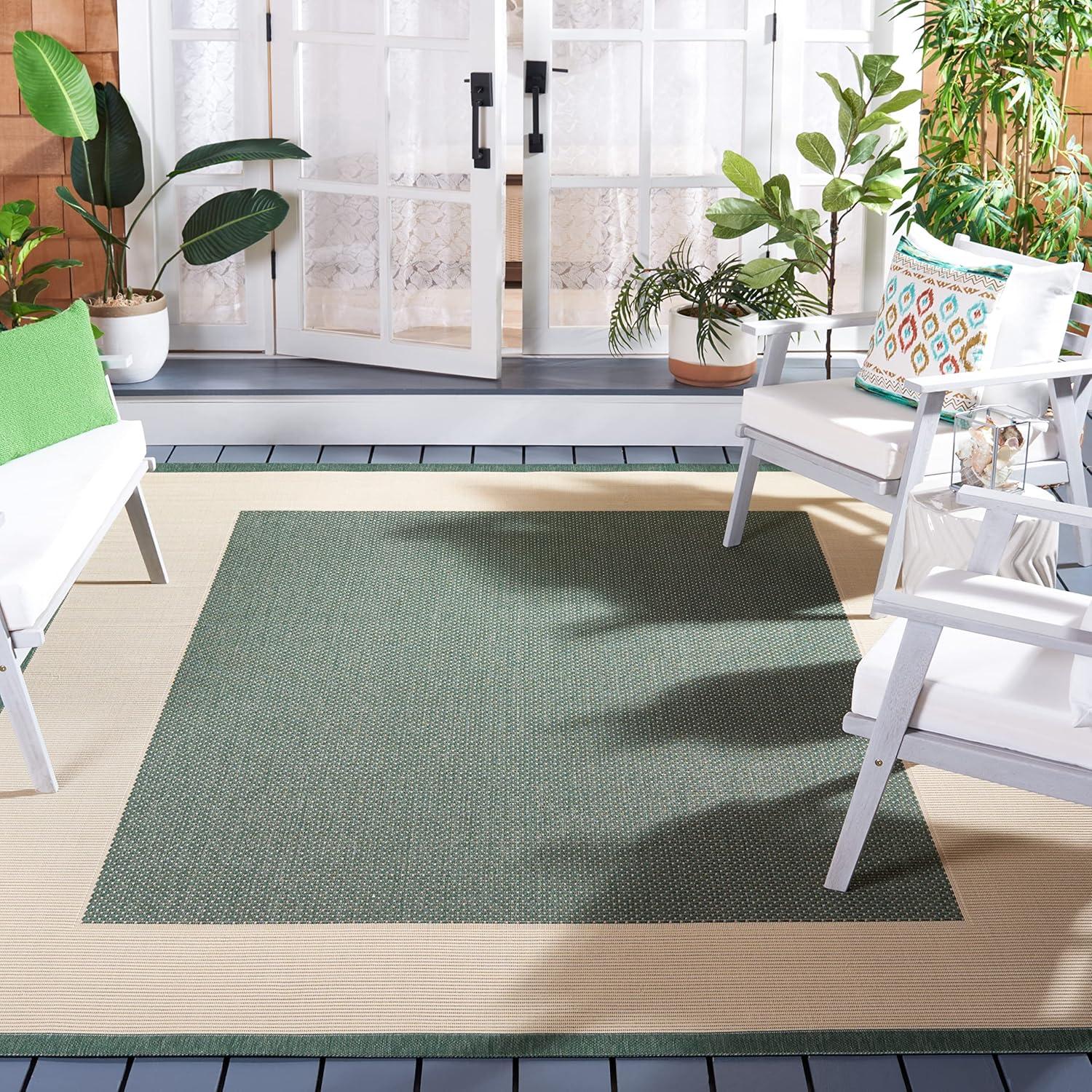 SAFAVIEH Courtyard Justine Bordered Indoor/Outdoor Area Rug, Dark Green/Beige, 6'7" x 6'7" Square