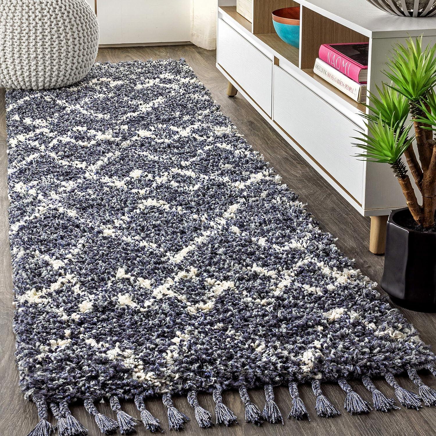 2'x8' Mercer Shag Plush Tassel Moroccan Geometric Trellis Area Rug, Denim/Cream - JONATHAN Y