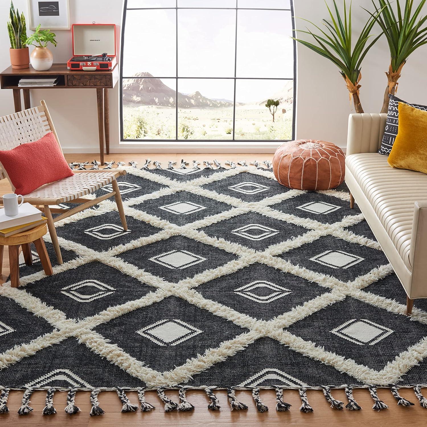 Handmade Black and Ivory Wool Cotton 8' x 10' Area Rug