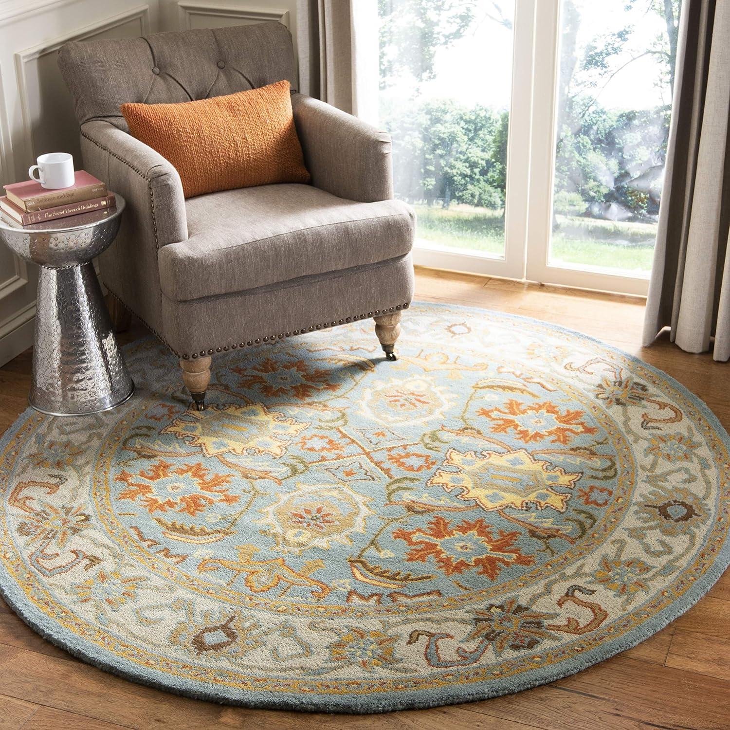 Elegant Heritage 8' Round Light Blue & Ivory Wool Area Rug