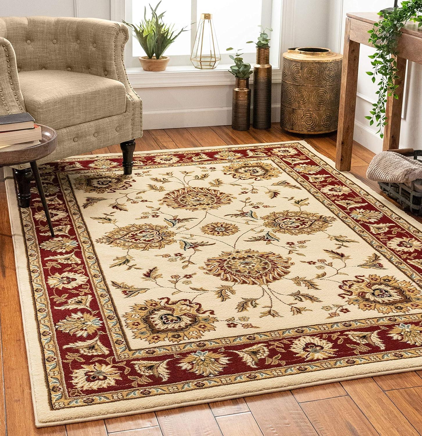 Ivory and Red Floral Oriental 5' x 7' Synthetic Area Rug