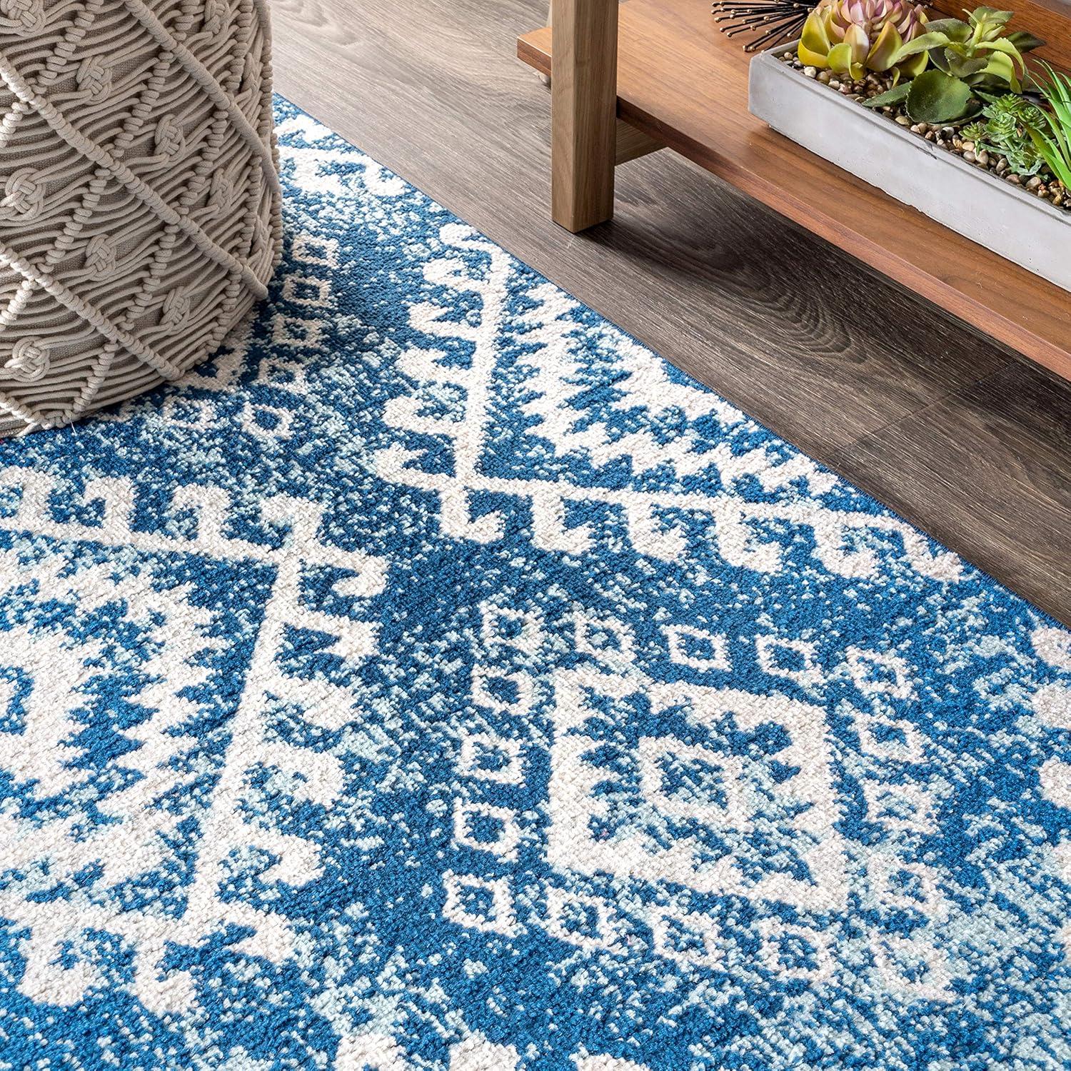 Blue and White 4' x 6' Synthetic Moroccan Area Rug