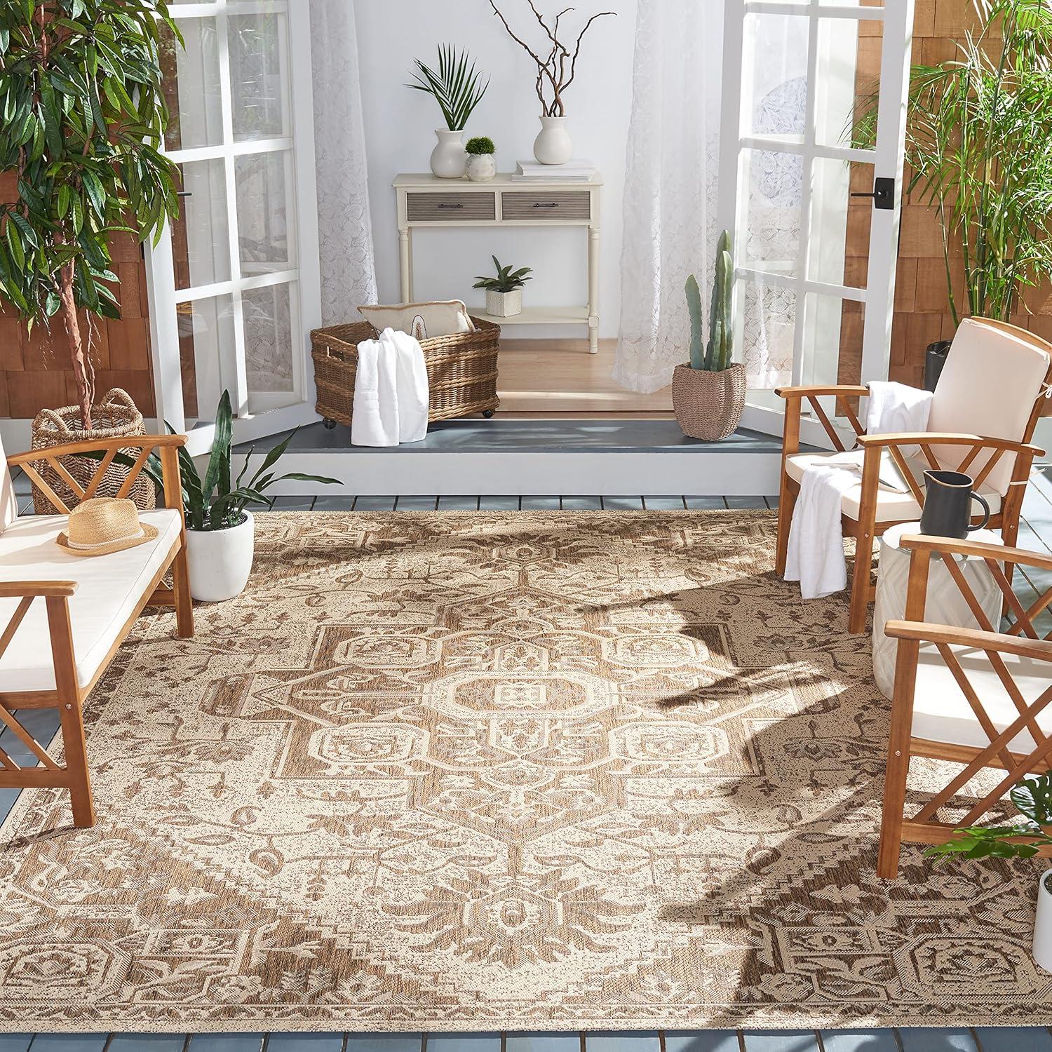 Beige and Cream Rectangular Synthetic Area Rug