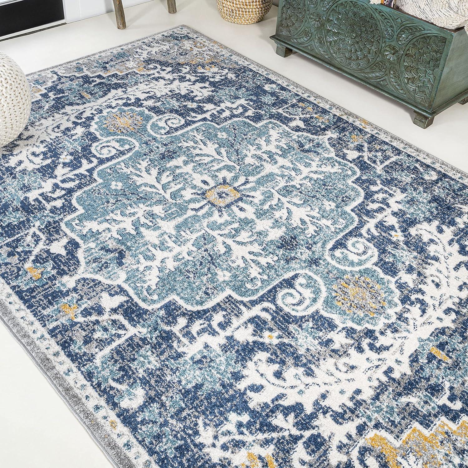 Handmade Dark Blue and Gray Medallion Synthetic Rug