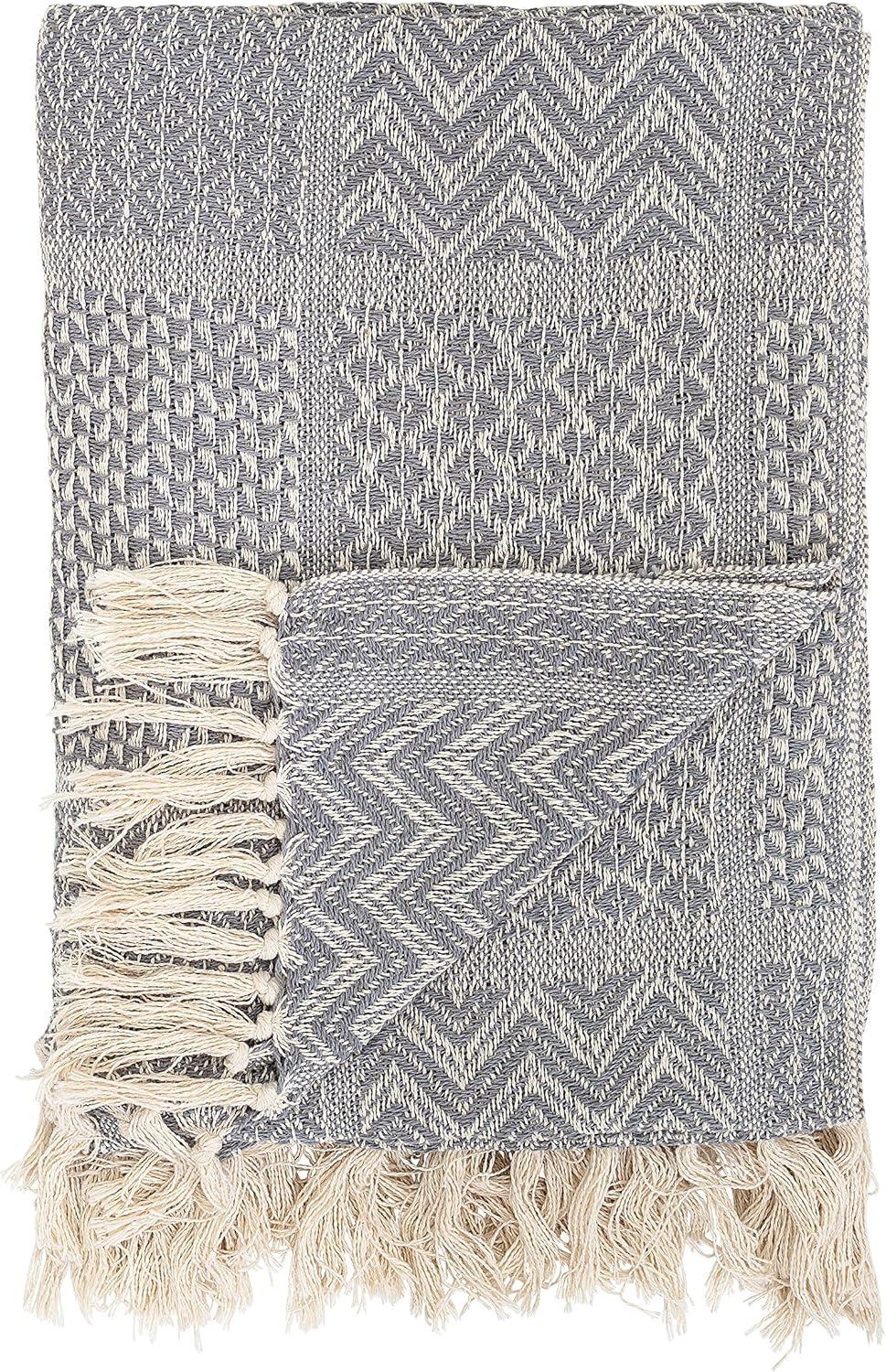 Grey Cotton Blend Knit Throw with Fringe